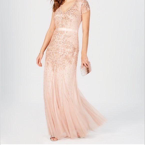 Sz 14 Adrianna Papell beaded chiffon floor-length gown, Almond color, NWT - Picture 13 of 15